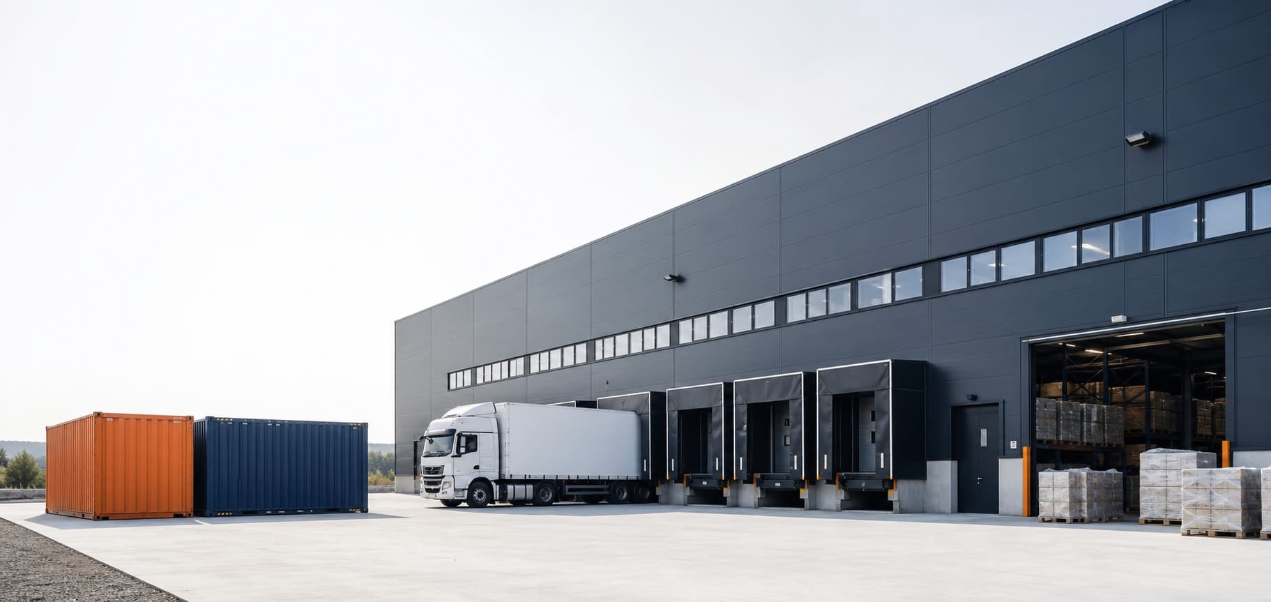 Illustration of a European fulfillment warehouse with loading docks and shipping containers.