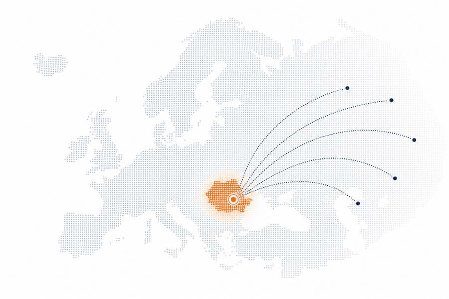 Dotted Europe map with Romania highlighted.